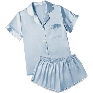 imageEkouaer Womens Silk Satin Pajamas Short Sleeve Sleepwear Soft Button Down Loungewear 2 Piece PJS Shorts Set SXXLLight Blue
