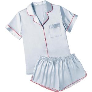 imageEkouaer Womens Silk Satin Pajamas Short Sleeve Sleepwear Soft Button Down Loungewear 2 Piece PJS Shorts Set SXXLLight Blue With Red Piping