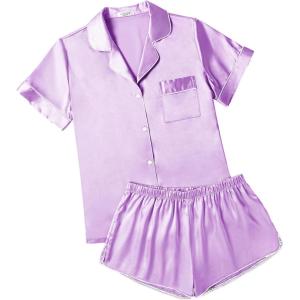 imageEkouaer Womens Silk Satin Pajamas Short Sleeve Sleepwear Soft Button Down Loungewear 2 Piece PJS Shorts Set SXXLLilac