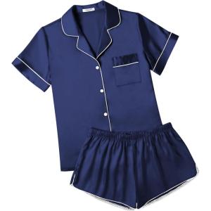 imageEkouaer Womens Silk Satin Pajamas Short Sleeve Sleepwear Soft Button Down Loungewear 2 Piece PJS Shorts Set SXXLNavy Blue