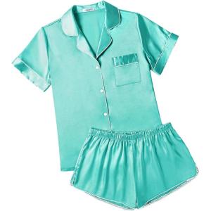 imageEkouaer Womens Silk Satin Pajamas Short Sleeve Sleepwear Soft Button Down Loungewear 2 Piece PJS Shorts Set SXXLPeacock Blue