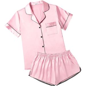 imageEkouaer Womens Silk Satin Pajamas Short Sleeve Sleepwear Soft Button Down Loungewear 2 Piece PJS Shorts Set SXXLPink