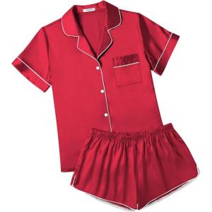 imageEkouaer Womens Silk Satin Pajamas Short Sleeve Sleepwear Soft Button Down Loungewear 2 Piece PJS Shorts Set SXXLRed