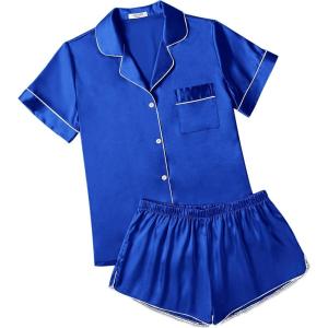 imageEkouaer Womens Silk Satin Pajamas Short Sleeve Sleepwear Soft Button Down Loungewear 2 Piece PJS Shorts Set SXXLSky Blue