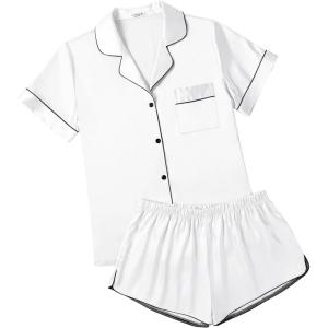 imageEkouaer Womens Silk Satin Pajamas Short Sleeve Sleepwear Soft Button Down Loungewear 2 Piece PJS Shorts Set SXXLWhite