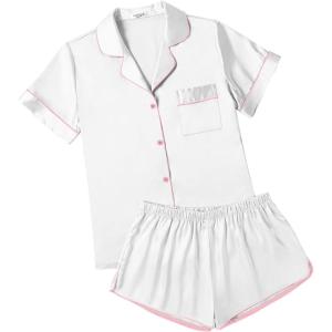 imageEkouaer Womens Silk Satin Pajamas Short Sleeve Sleepwear Soft Button Down Loungewear 2 Piece PJS Shorts Set SXXLWhite With Pink Piping