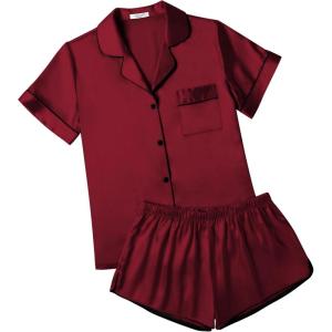 imageEkouaer Womens Silk Satin Pajamas Short Sleeve Sleepwear Soft Button Down Loungewear 2 Piece PJS Shorts Set SXXLWine Red