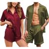 imageEkouaer Silk Satin Matching Pajamas Sets Couple Button Down Nightwear Women ampamp Men Short Sleeve Sleepwear 2 Pieces LoungewearArmy Green