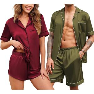 imageEkouaer Silk Satin Matching Pajamas Sets Couple Button Down Nightwear Women ampamp Men Short Sleeve Sleepwear 2 Pieces LoungewearArmy Green