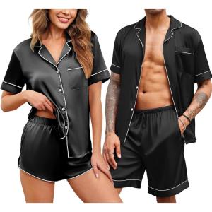 imageEkouaer Silk Satin Matching Pajamas Sets Couple Button Down Nightwear Women ampamp Men Short Sleeve Sleepwear 2 Pieces LoungewearBlack