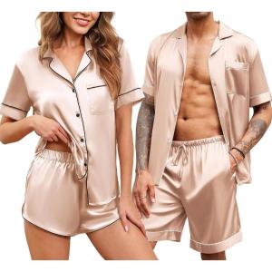 imageEkouaer Silk Satin Matching Pajamas Sets Couple Button Down Nightwear Women ampamp Men Short Sleeve Sleepwear 2 Pieces LoungewearChampagne