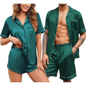 imageEkouaer Silk Satin Matching Pajamas Sets Couple Button Down Nightwear Women ampamp Men Short Sleeve Sleepwear 2 Pieces LoungewearDark Green