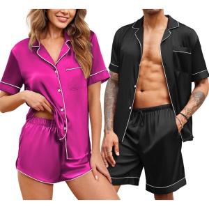 imageEkouaer Silk Satin Matching Pajamas Sets Couple Button Down Nightwear Women ampamp Men Short Sleeve Sleepwear 2 Pieces LoungewearHot Pink