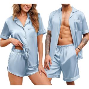 imageEkouaer Silk Satin Matching Pajamas Sets Couple Button Down Nightwear Women ampamp Men Short Sleeve Sleepwear 2 Pieces LoungewearLight Blue