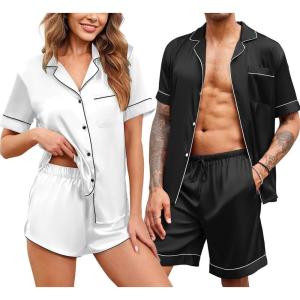 imageEkouaer Silk Satin Matching Pajamas Sets Couple Button Down Nightwear Women ampamp Men Short Sleeve Sleepwear 2 Pieces LoungewearLight Grey