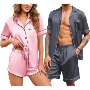 imageEkouaer Silk Satin Matching Pajamas Sets Couple Button Down Nightwear Women ampamp Men Short Sleeve Sleepwear 2 Pieces LoungewearLight Pink