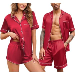 imageEkouaer Silk Satin Matching Pajamas Sets Couple Button Down Nightwear Women ampamp Men Short Sleeve Sleepwear 2 Pieces LoungewearRed