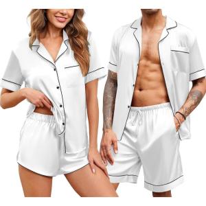 imageEkouaer Silk Satin Matching Pajamas Sets Couple Button Down Nightwear Women ampamp Men Short Sleeve Sleepwear 2 Pieces LoungewearWhite