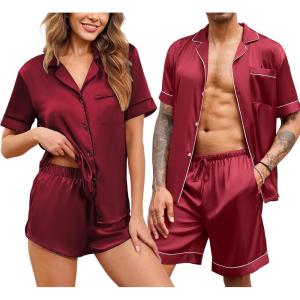 imageEkouaer Silk Satin Matching Pajamas Sets Couple Button Down Nightwear Women ampamp Men Short Sleeve Sleepwear 2 Pieces LoungewearWine Red