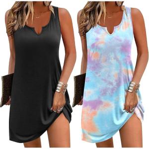 imageEkouaer Nightgowns for Women 2 Pack Tank Night Gown Sleeveless Sleep Shirt V Neck Chemise Soft Night Shirt Ladies Sleep DressBlackBlue Tie Dye