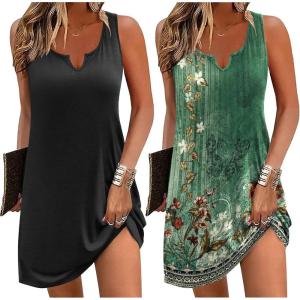 imageEkouaer Nightgowns for Women 2 Pack Tank Night Gown Sleeveless Sleep Shirt V Neck Chemise Soft Night Shirt Ladies Sleep DressBlackFloral Green