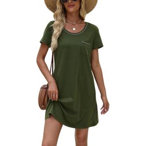 imageEkouaer Womens Nightgown Cotton Nightshirts Short Sleeve Sleep Shirt with Chest Pocket Crewneck Nightdress SXXLArmy Green