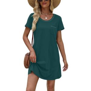 imageEkouaer Womens Nightgown Cotton Nightshirts Short Sleeve Sleep Shirt with Chest Pocket Crewneck Nightdress SXXLBlue Green