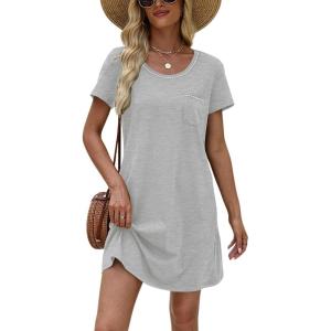 imageEkouaer Womens Nightgown Cotton Nightshirts Short Sleeve Sleep Shirt with Chest Pocket Crewneck Nightdress SXXLLight Grey