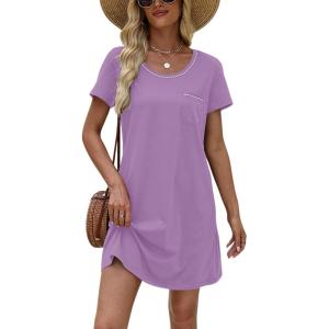 imageEkouaer Womens Nightgown Cotton Nightshirts Short Sleeve Sleep Shirt with Chest Pocket Crewneck Nightdress SXXLLilac