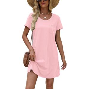 imageEkouaer Womens Nightgown Cotton Nightshirts Short Sleeve Sleep Shirt with Chest Pocket Crewneck Nightdress SXXLPink