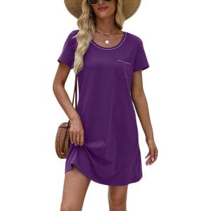 imageEkouaer Womens Nightgown Cotton Nightshirts Short Sleeve Sleep Shirt with Chest Pocket Crewneck Nightdress SXXLPurple