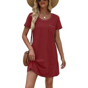 imageEkouaer Womens Nightgown Cotton Nightshirts Short Sleeve Sleep Shirt with Chest Pocket Crewneck Nightdress SXXLWine Red