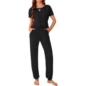 imageEkouaer Womens Pajama Sets Short Sleeve Lounge Sets for Women Printed Jogger Pajama Set 2 Piece Pj Sets With Pockets SXXLBlack