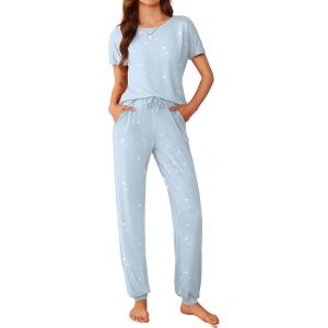 imageEkouaer Womens Pajama Sets Short Sleeve Lounge Sets for Women Printed Jogger Pajama Set 2 Piece Pj Sets With Pockets SXXLBlue Star