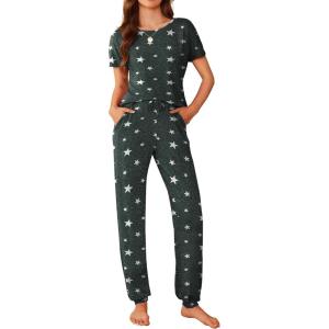 imageEkouaer Womens Pajama Sets Short Sleeve Lounge Sets for Women Printed Jogger Pajama Set 2 Piece Pj Sets With Pockets SXXLDark Grey Star