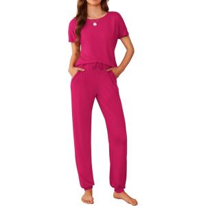 imageEkouaer Womens Pajama Sets Short Sleeve Lounge Sets for Women Printed Jogger Pajama Set 2 Piece Pj Sets With Pockets SXXLHot Pink