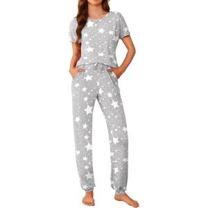 imageEkouaer Womens Pajama Sets Short Sleeve Lounge Sets for Women Printed Jogger Pajama Set 2 Piece Pj Sets With Pockets SXXLLight Grey Star