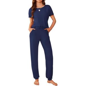 imageEkouaer Womens Pajama Sets Short Sleeve Lounge Sets for Women Printed Jogger Pajama Set 2 Piece Pj Sets With Pockets SXXLNavy Blue