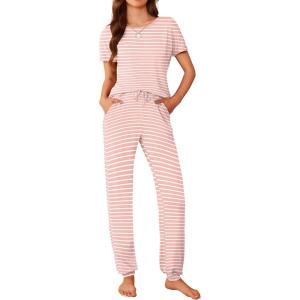 imageEkouaer Womens Pajama Sets Short Sleeve Lounge Sets for Women Printed Jogger Pajama Set 2 Piece Pj Sets With Pockets SXXLPink Stripe