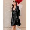 imageEkouaer Womens Silk Robe Set V Neck 2 Piece Satin Bathrobes 34 Sleeves Bridal Sleepwear Sexy Cami NightgownBlack