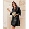 imageEkouaer Womens Silk Robe Set V Neck 2 Piece Satin Bathrobes 34 Sleeves Bridal Sleepwear Sexy Cami NightgownBlack