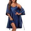 imageEkouaer Womens Silk Robe Set V Neck 2 Piece Satin Bathrobes 34 Sleeves Bridal Sleepwear Sexy Cami NightgownNavy Blue