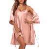 imageEkouaer Womens Silk Robe Set V Neck 2 Piece Satin Bathrobes 34 Sleeves Bridal Sleepwear Sexy Cami NightgownPastel Pink