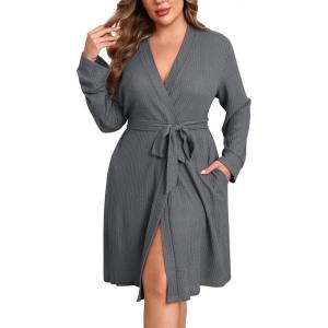imageEkouaer Womens Plus Size Robe Waffle Knit Bathrobe Short Lightweight Kimono Robes with Pockets Maternity Robe 1x5xDark Grey