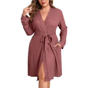 imageEkouaer Womens Plus Size Robe Waffle Knit Bathrobe Short Lightweight Kimono Robes with Pockets Maternity Robe 1x5xGray Purple