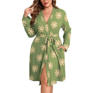 imageEkouaer Womens Plus Size Robe Waffle Knit Bathrobe Short Lightweight Kimono Robes with Pockets Maternity Robe 1x5xGreen Floral