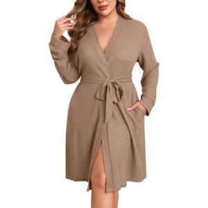 imageEkouaer Womens Plus Size Robe Waffle Knit Bathrobe Short Lightweight Kimono Robes with Pockets Maternity Robe 1x5xKhaki