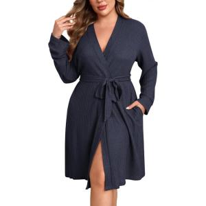 imageEkouaer Womens Plus Size Robe Waffle Knit Bathrobe Short Lightweight Kimono Robes with Pockets Maternity Robe 1x5xNavy Blue