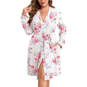 imageEkouaer Womens Plus Size Robe Waffle Knit Bathrobe Short Lightweight Kimono Robes with Pockets Maternity Robe 1x5xWhite Floral