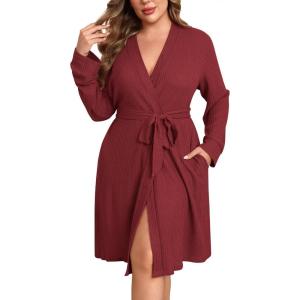 imageEkouaer Womens Plus Size Robe Waffle Knit Bathrobe Short Lightweight Kimono Robes with Pockets Maternity Robe 1x5xWine Red